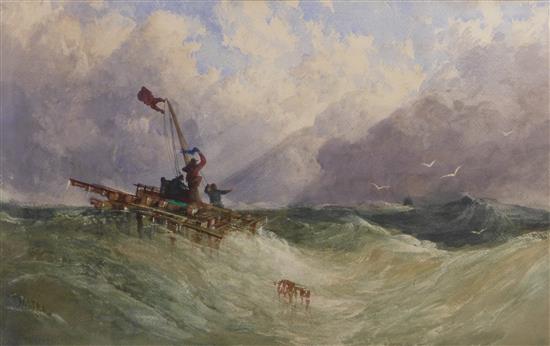 Henry Valter (fl.1854-64) Shipwrecked sailors on a life raft at sea 15 x 24in.